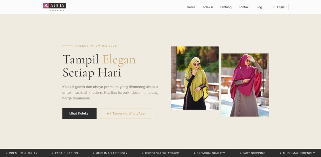 Arupamaya Aulia Fashion menampilkan screenshot utama platform