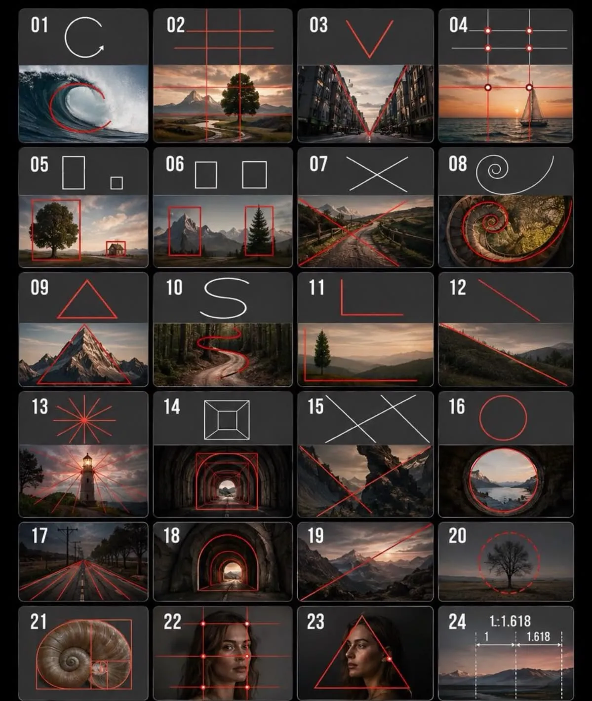 Ilustrasi 24 variasi komposisi foto dengan overlay garis merah, seperti C shape, rule of thirds, V shape, leading lines, diagonal, double diagonal, golden spiral, triangle, S curve, L shape, radiating lines, frame within a frame, funnel, circular, golden triangle, dan golden section.