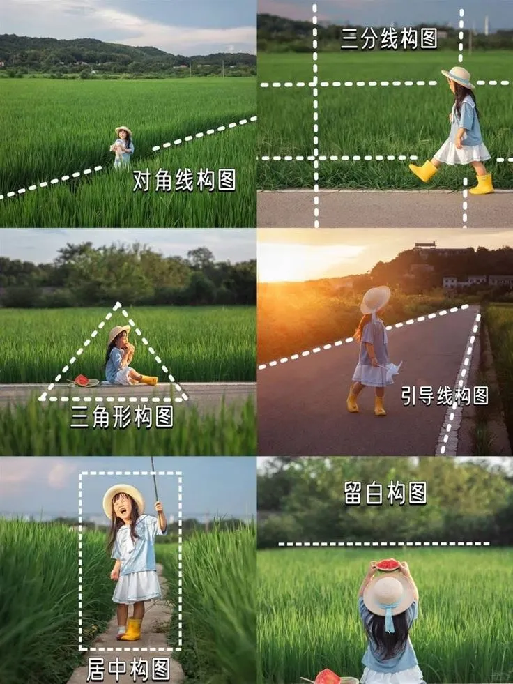 Ilustrasi enam komposisi foto yang sama dengan anak di sawah, menunjukkan diagonal, rule of thirds, triangle, leading lines, center, dan negative space.