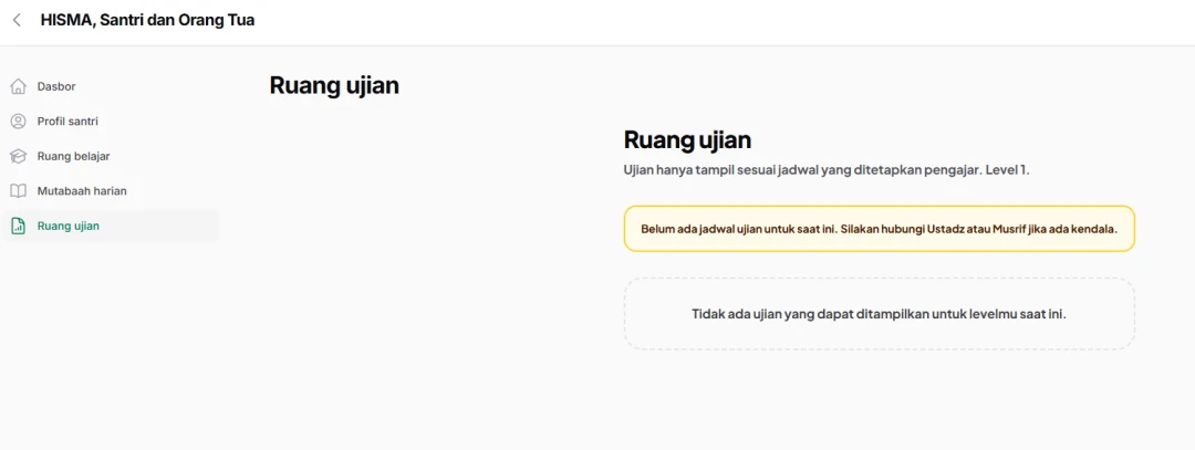 Arena ujian santri HISMA menampilkan daftar ujian yang tersedia, jadwal, dan status pengerjaan