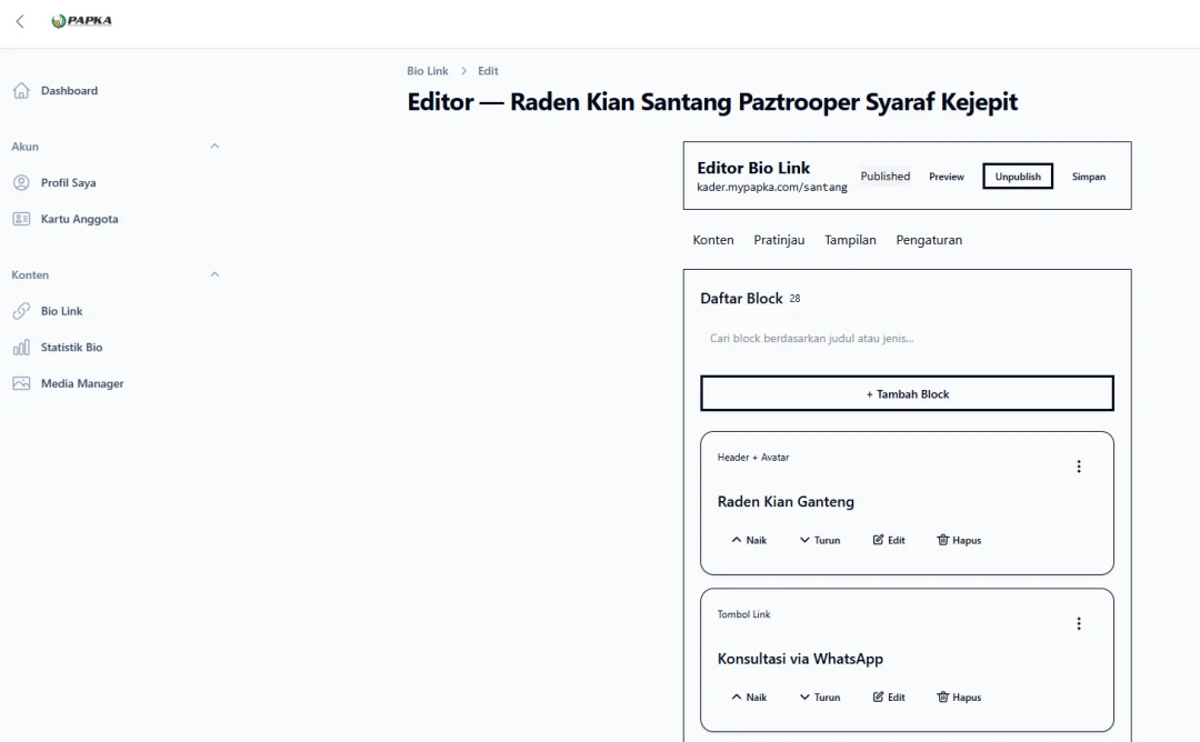 PAPKA bio link editor showing configurable content blocks