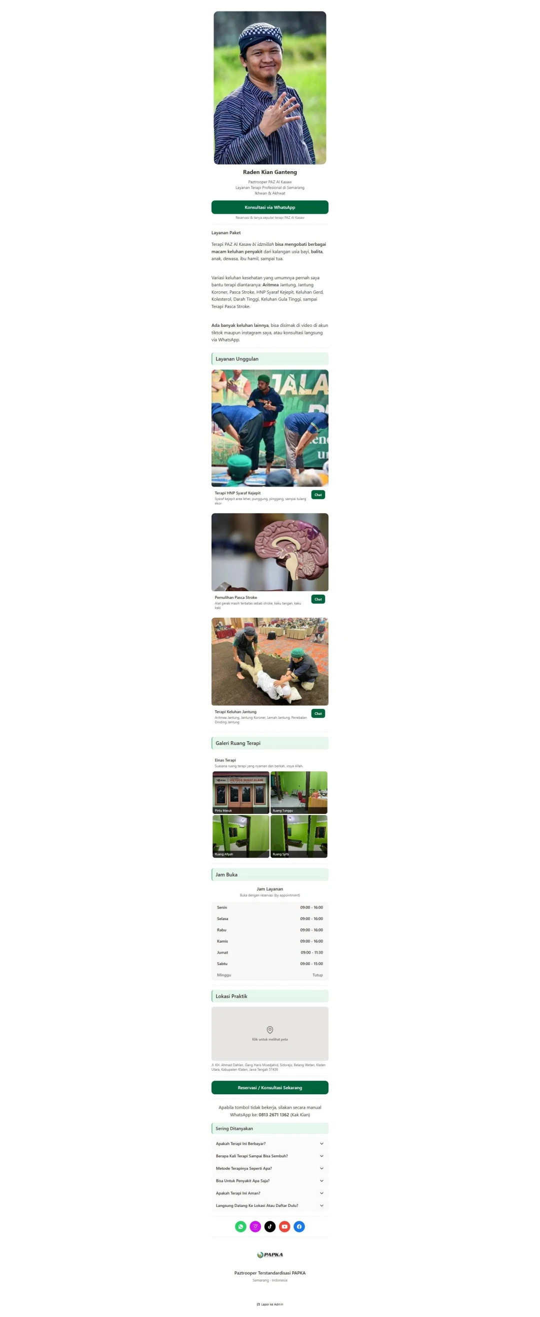 PAPKA practitioner bio link showing services, gallery, location, FAQ, and contact information
