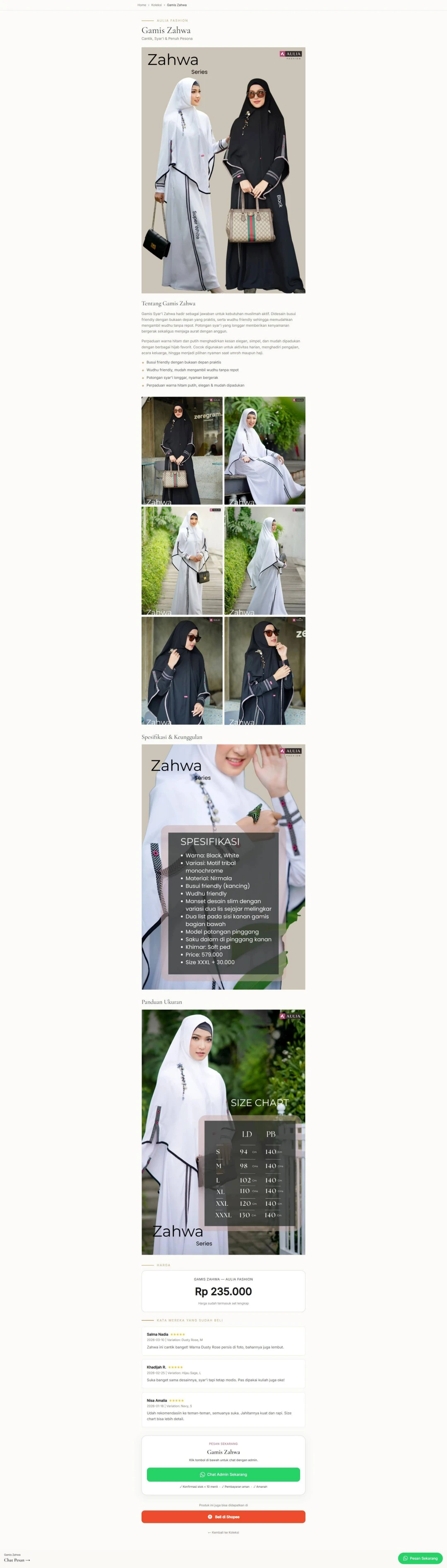Arupamaya halaman produk gamis Zahwass menampilkan detail produk dengan layout custom