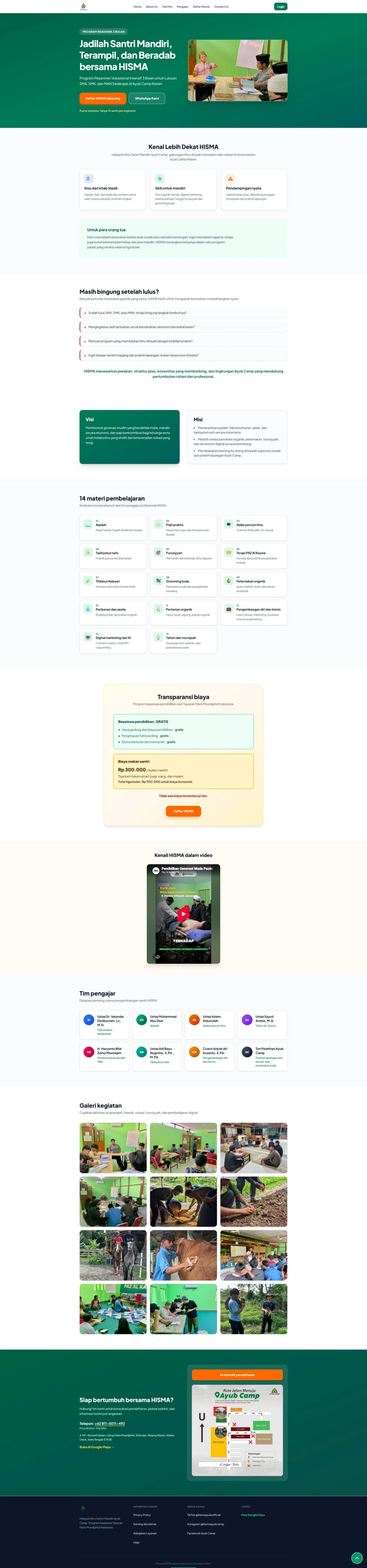 Homepage panjang HISMA menampilkan profil pesantren berbasis vokasi di Ayub Camp Klaten