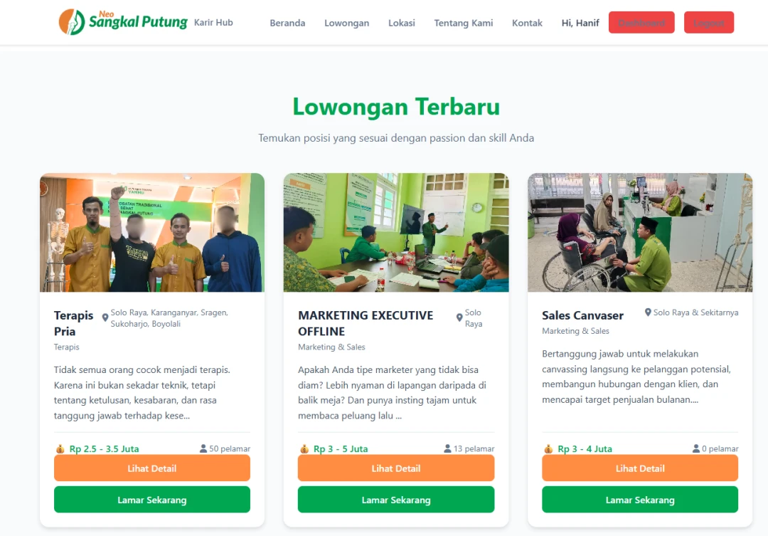 Karir Hub homepage section showing open job applications and available positions
