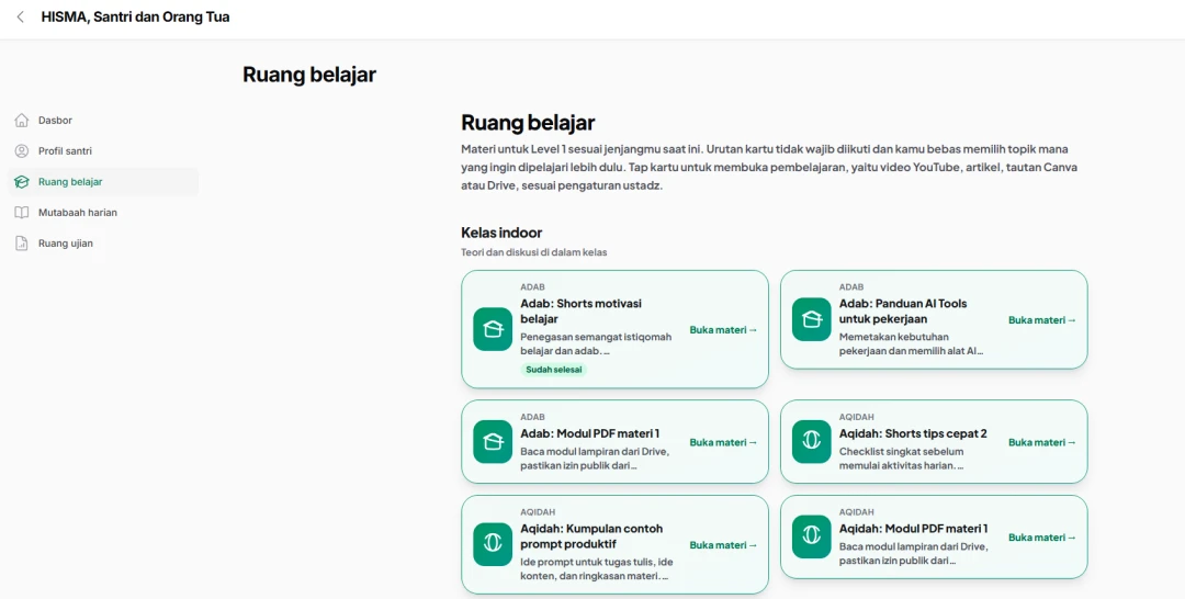 Tampilan LMS HISMA dari sisi santri menampilkan daftar mata pelajaran dan materi pembelajaran