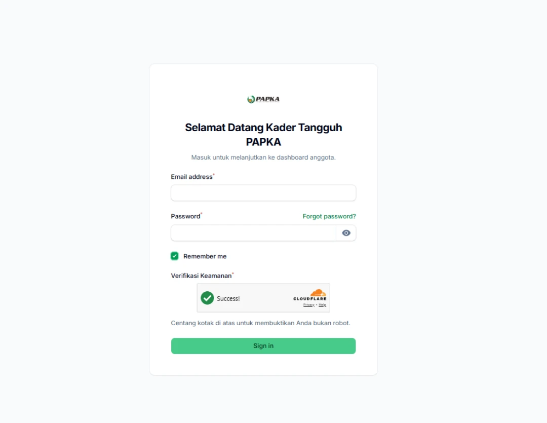 PAPKA secure member login experience with anti-bot verification