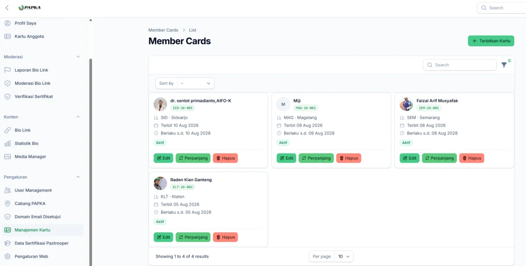 PAPKA central member card management dashboard