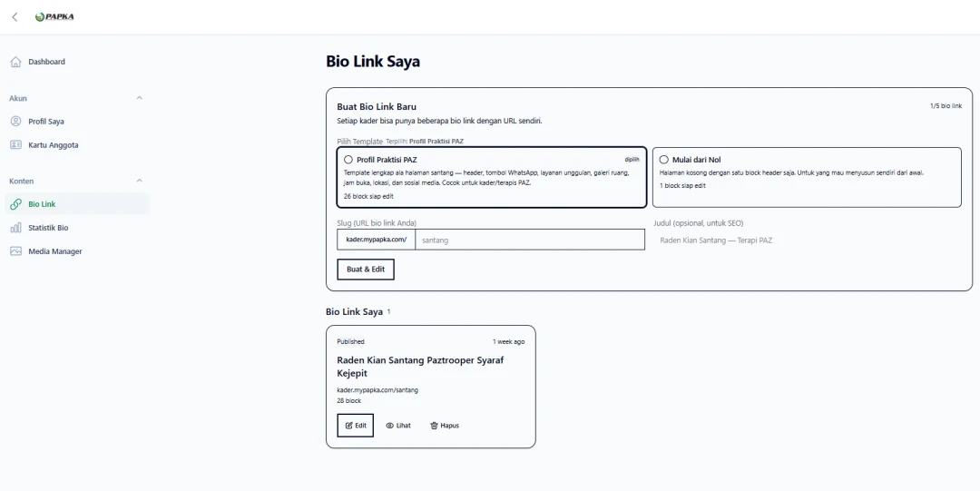 PAPKA bio link creator showing template selection