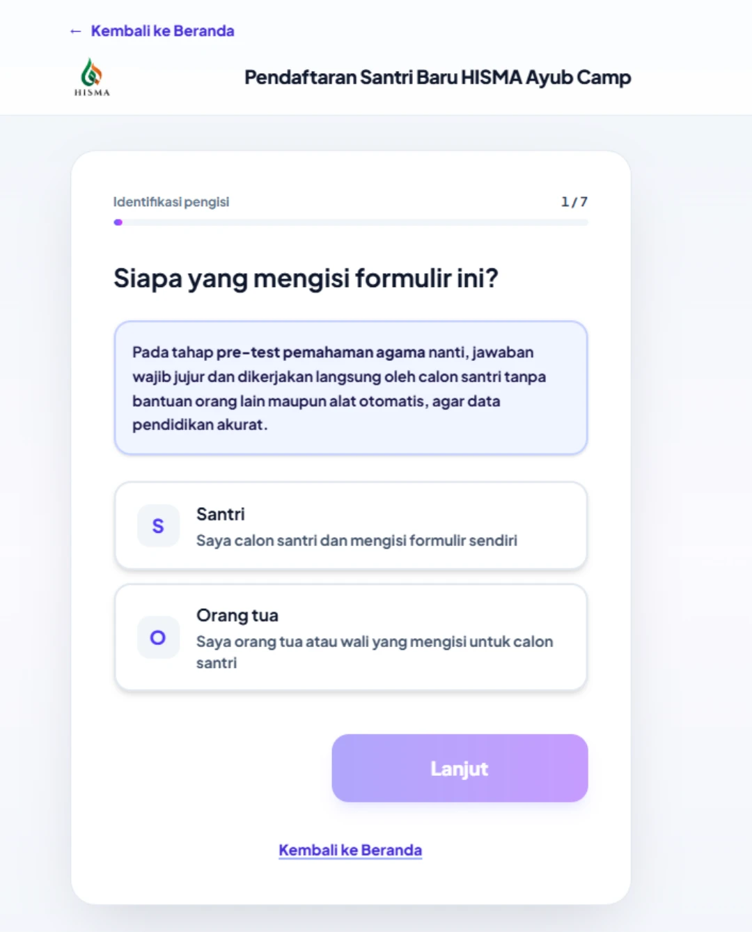 Halaman pendaftaran HISMA menampilkan formulir self-service untuk calon santri dan orang tua