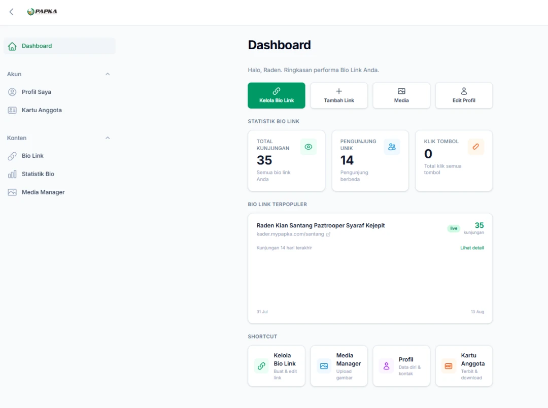 PAPKA member dashboard showing bio link and digital member card tools
