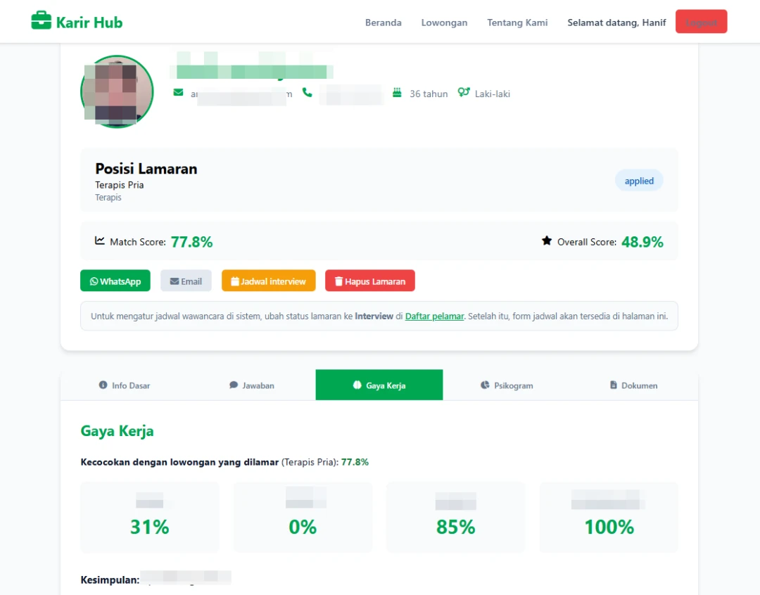 Karir Hub work style assessment showing multiple work style indicators and psychological tendencies