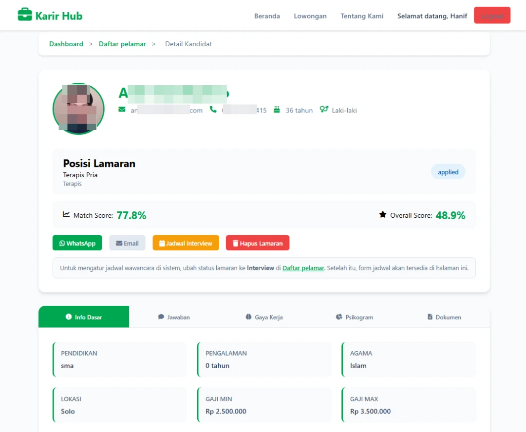 Karir Hub candidate profile showing education, experience, location, salary expectations, and position applied for