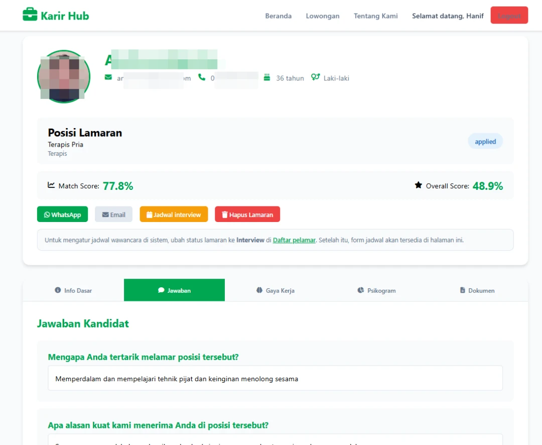 Karir Hub online mini interview showing candidate answers to position-specific interview questions