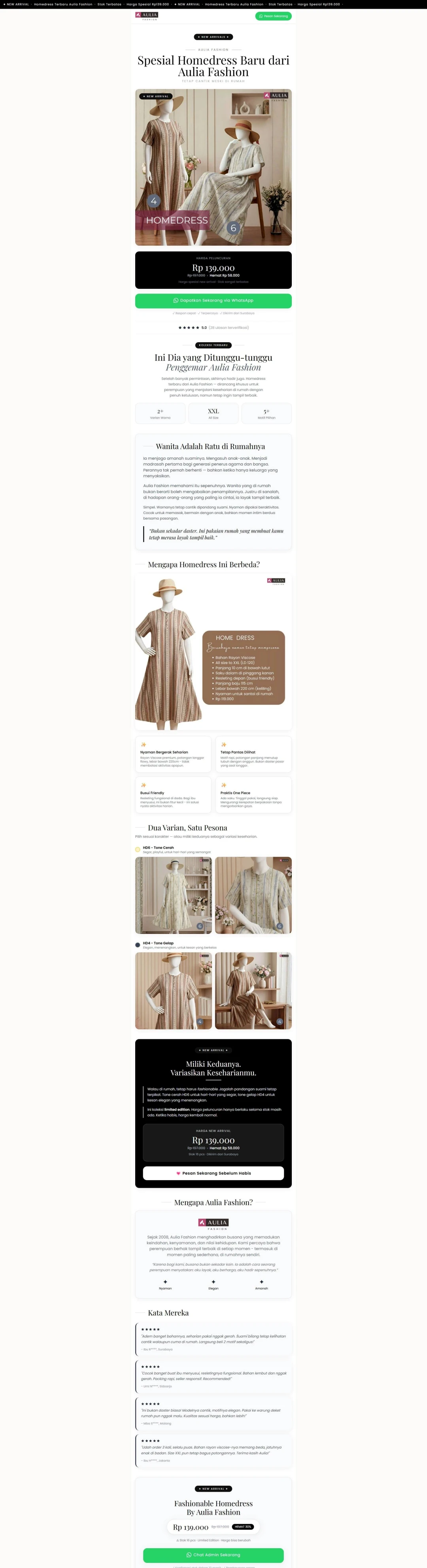 Arupamaya salespage detail menampilkan layout halaman penjualan produk fashion